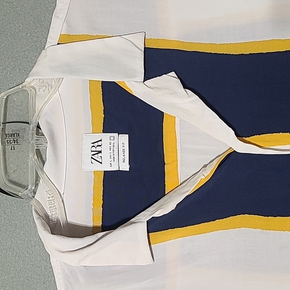 ZARA Men's Navy, Yellow & White Striped Button Up Short Sleeve Shirt - Sz Large - Picture 2 of 10